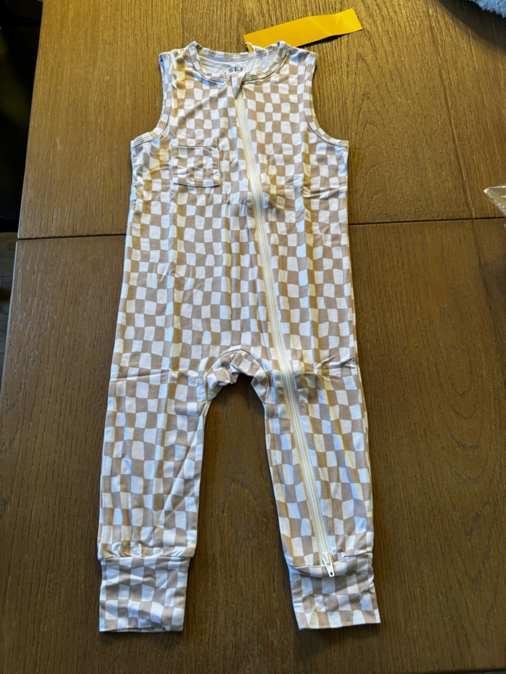 Babes and Bubs Bamboo Sleeveless Baby Romper with Beige & White Checkerboard
